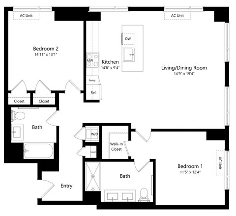 Two Bedroom Floor Plan at One East Harlem Luxury Apartments in East Harlem NY